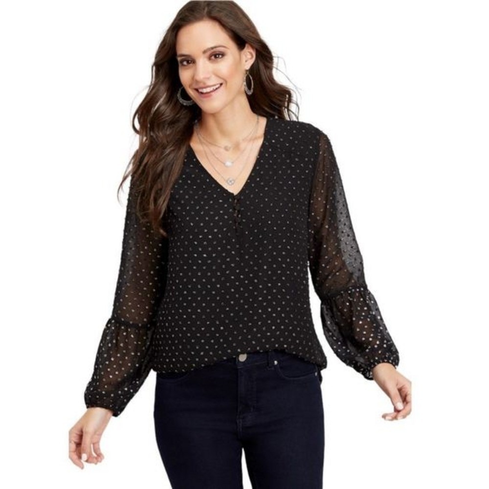 Maurice Sheer Blouse Silver Dot Long Sleeve V Neck‎ Top Elegant Size M